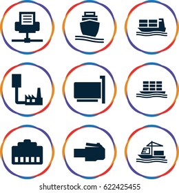 Port icons set. set of 9 port filled icons such as cargo ship, phone cable