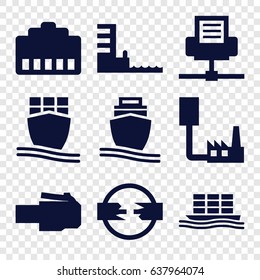 Port icons set. set of 9 port filled icons such as cargo ship, harbor, phone cable, phone connection cable