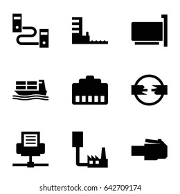 Port icons set. set of 9 port filled icons such as cargo ship, harbor, phone cable, phone connection cable
