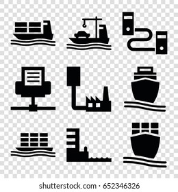 Port icons set. set of 9 port filled icons such as cargo ship, harbor, phone connection cable