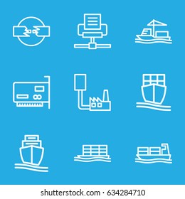 Port icons set. set of 9 port outline icons such as cargo ship, phone connection cable