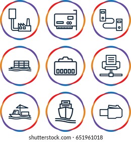 Port icons set. set of 9 port outline icons such as cargo ship, phone cable, phone connection cable