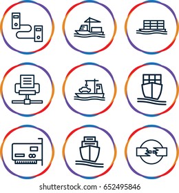 Port icons set. set of 9 port outline icons such as cargo ship, phone connection cable