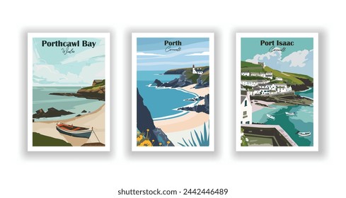 Port Isaac, Cornwall. Porth, Cornwall. Porthcawl Bay, Wales - Set of 3 Vintage Travel Posters. Vector illustration. High Quality Prints