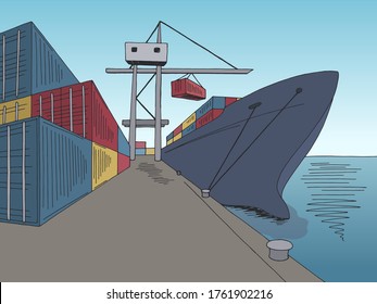 Port loading dry cargo ship graphic color sea landscape sketch illustration vector