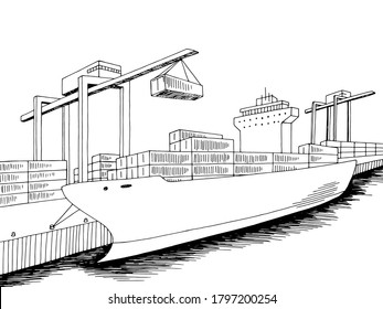 Port loading dry cargo ship graphic black white sea landscape sketch illustration vector