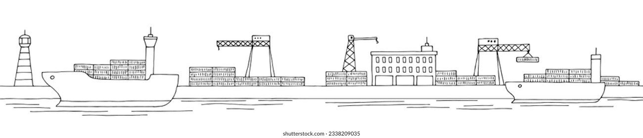 Port loading dry cargo ship graphic black white sea landscape long sketch illustration vector 