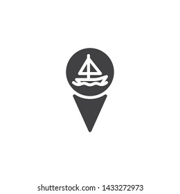 Port location pin vector icon. filled flat sign for mobile concept and web design. Map marker with sea and ship glyph icon. Travel, vacation, tourism symbol, logo illustration. Vector graphics