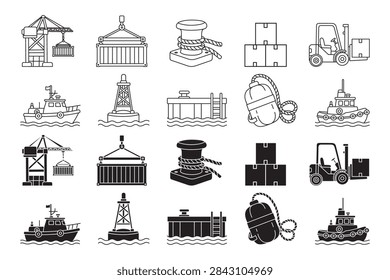 Port logistics equipment outline and solid icon set for shipping and harbor logistics. Maritime cargo handling elements. Cranes, containers, forklifts, boats, docks, mooring hardware
