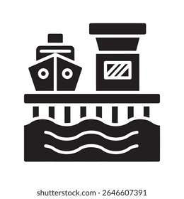 Ícone de logística de porto com um navio de carga sendo carregado em uma doca portuária representando o comércio de transporte internacional para importação e exportação ícone de glifo sólido vetor