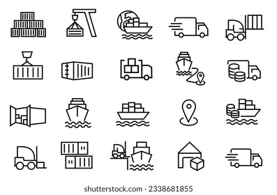 Port Logistics Icons vector. Contains such as Shipping, Ship Loading Process, Truck, Route, Container and more. editable file