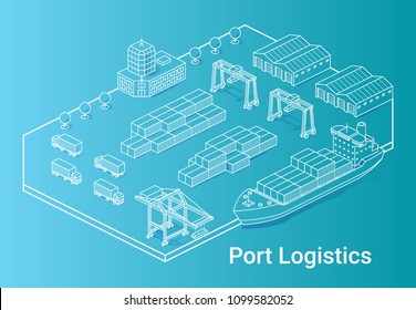 Port logistics illustration in linear isometric style on cyan background. Minimal art line. Concept with ship, containers, cranes and other buildings.