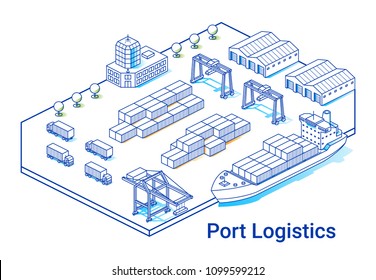 Port logistics illustration in linear isometric style. Minimal art line. Concept with ship, containers, cranes and other buildings.