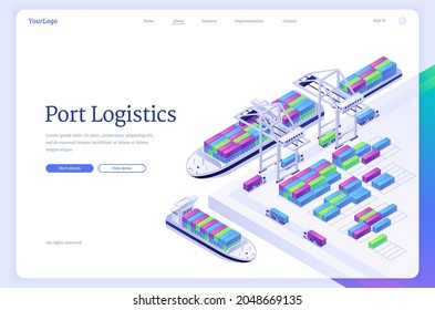 Port Logistics Isometric Landing Page, Ship Freight Transportation, Delivery Service Company, Cargo And Goods Export, Import Over World, Industrial Logistic Distribution Business 3d Vector Web Banner