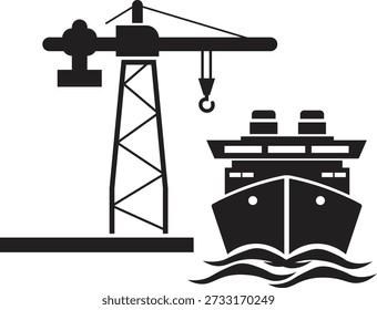 Logística portuaria y operaciones de envío con grúa, contenedores de carga e icono de barco