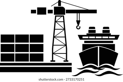 Logística portuaria y operaciones de envío con grúa, contenedores de carga e icono de barco