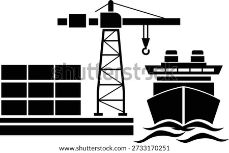 Port logistics and shipping operations with crane, cargo containers, and ship icon