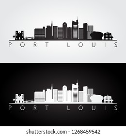 Port Louis skyline and landmarks silhouette, black and white design, vector illustration.