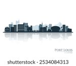 Port Louis skyline silhouette with reflection. Landscape Port Louis, Mauritius. Vector illustration.