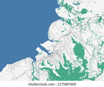 Mapa vectorial de Port Louis. Mapa detallado del área administrativa de la ciudad de Port Louis. Panorama del paisaje urbano. Ilustración vectorial libre de regalías. Hoja de ruta con autopistas, ríos.