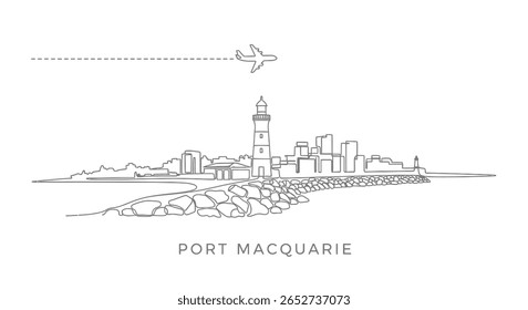 Port Macquarie Skyline with line art, and airplane.