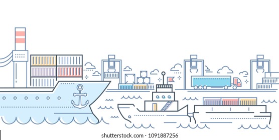 Port - modern line design style colorful illustration. Colorful composition with a harbor, ships and boats on water, shipping on the background. Travelling, transportation concept