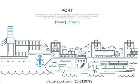 Port - modern line design style illustration with place for your text. A banner with a harbor, ships and boats on water, shipping on the background. Travelling, transportation concept