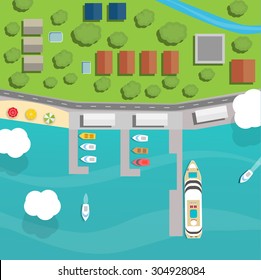 Port scene with different ships top view, vector illustration.