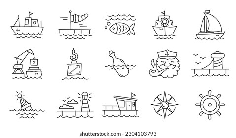 Port sea shore. Marine theme harbor icon set. Editable outline. Vector line.