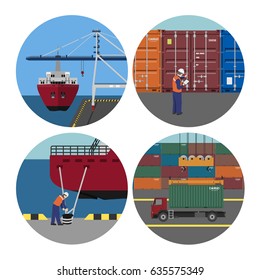 Port services. Loading containers on ships. Workers in harbor. Vector illustration