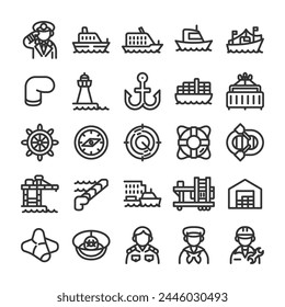 Port and ship and shipping industry icon set