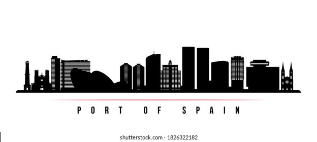 Port of Spain skyline horizontal banner. Black and white silhouette of Port of Spain City, Trinidad and Tobago. Vector template for your design. 
