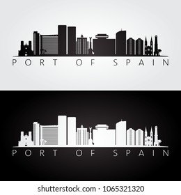 Port of Spain skyline and landmarks silhouette, black and white design, vector illustration.