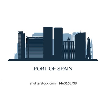 Port of Spain skyline, monochrome silhouette. Vector illustration.