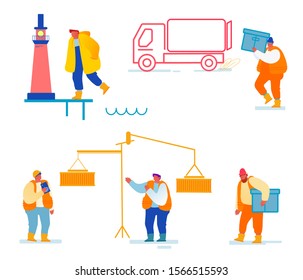Conjunto de actividades de terminal de puerto. Cargo de carga de control de capataces desde el barco hasta el camión. Operador trabajando en faro aislado en fondo blanco. Servicio de Logística Marítima. Ilustración de vectores planos de dibujos animados
