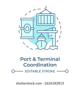 Port and terminal coordination soft blue concept icon. Ship management system solution. Effective regulation. Round shape line illustration. Abstract idea. Graphic design. Easy to use in booklet