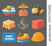 Port Terminal Vector Icon Set | 3D icon set | a cargo container ship, a port crane lifting a container, a yellow forklift, a wooden pallet, a metal anchor with rope, a red shipping container, a port terminal sign, a small tugboat, and an orange safety hard hat