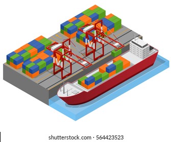 Port Town and Barge Ship Isometric View Loading Color Freight Containers Concept Cargo Transportation. Vector illustration