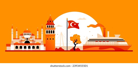 Hafen in der Türkei - moderne, farbige Vektorgrafik mit Moschee, Galata Kulesi, Nationalflagge und Anlegestelle mit Passagierschiff. Ankunft am Hafen, Sommerferien, Kreuzfahrten- und Erholungsidee