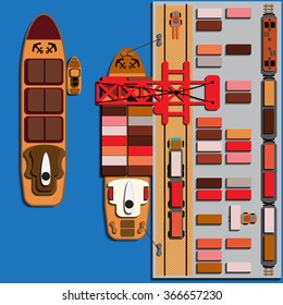 Port view from above. Vector illustration. Applique with realistic shadows.