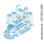Port warehouse in the city - vector isometric illustration. Industrial area and office buildings, logistics, storage and shipment of goods by water transport. Fountain, trees and highway with trucks