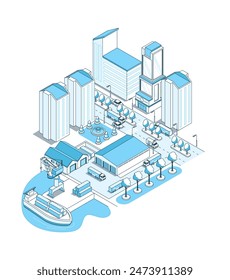 Almacén portuario en la ciudad - ilustración isométrica de Vector. Zona de Industrial y edificios de oficinas, logística, almacenamiento y envío de mercancías por transporte acuático. Fuente, árboles y carretera con camiones