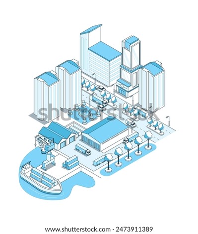 Port warehouse in the city - vector isometric illustration. Industrial area and office buildings, logistics, storage and shipment of goods by water transport. Fountain, trees and highway with trucks