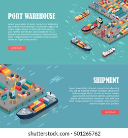 Port warehouse and shipment banner. Cargo containers transshipped between transport vehicles, for onward transportation. Platform supply vessel. Logistic support of goods, tools, equipment. Vector