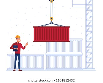 Port warehouse worker is receiving the container. Man controling port crane with cargo container as a concept of modern warehousing services and logistics technology. Vector illustration on background