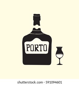 Port wine bottle vector. Illustration of bottle with a glass drawn in flat style. The portuguese dessert wine