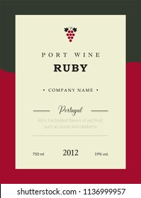 Port wine label. Vector premium template set. Clean and modern design. Ruby and Red wine. National Portuguese Wine