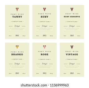 Port wine labels. Vector premium template set. Clean and modern design. Towny, Ruby, Reserve, Branco, Rose, Vintage. Red and White wine. National Portuguese Wine