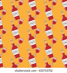 Port wine pattern with glasses and bottles. Portuguese porto vector seamless pattern