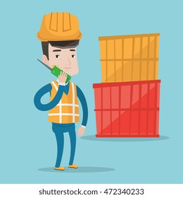 Port worker in hard hat talking on wireless radio. Port worker standing on cargo containers background. Port worker using wireless radio. Vector flat design illustration. Square layout.
